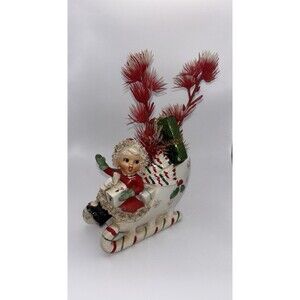 Vintage Napco Christmas Shopper Girl Candy Cane Sleigh Planter Japan MCM